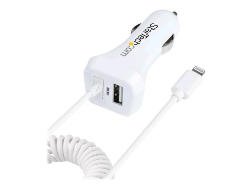 StarTech.com Lightning Car Charger with 1m Coiled Lightning Cable, 12W, White, 2 Port USB Car Charger Adapter for Phones and Tablets, In Car Apple iPhone/iPad Charger w/ Built-in Cord - Dual USB Car Charger (USBLT2PCARW2) - Adattatore alimentazione per au